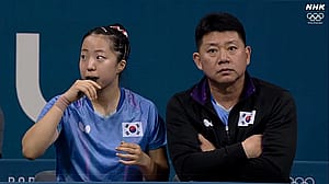 Shin Yubin [South Korea] cooling down in between sets during match vs Hirano Miu [Japan] [Paris Olympics, Women's Table Tennis]'