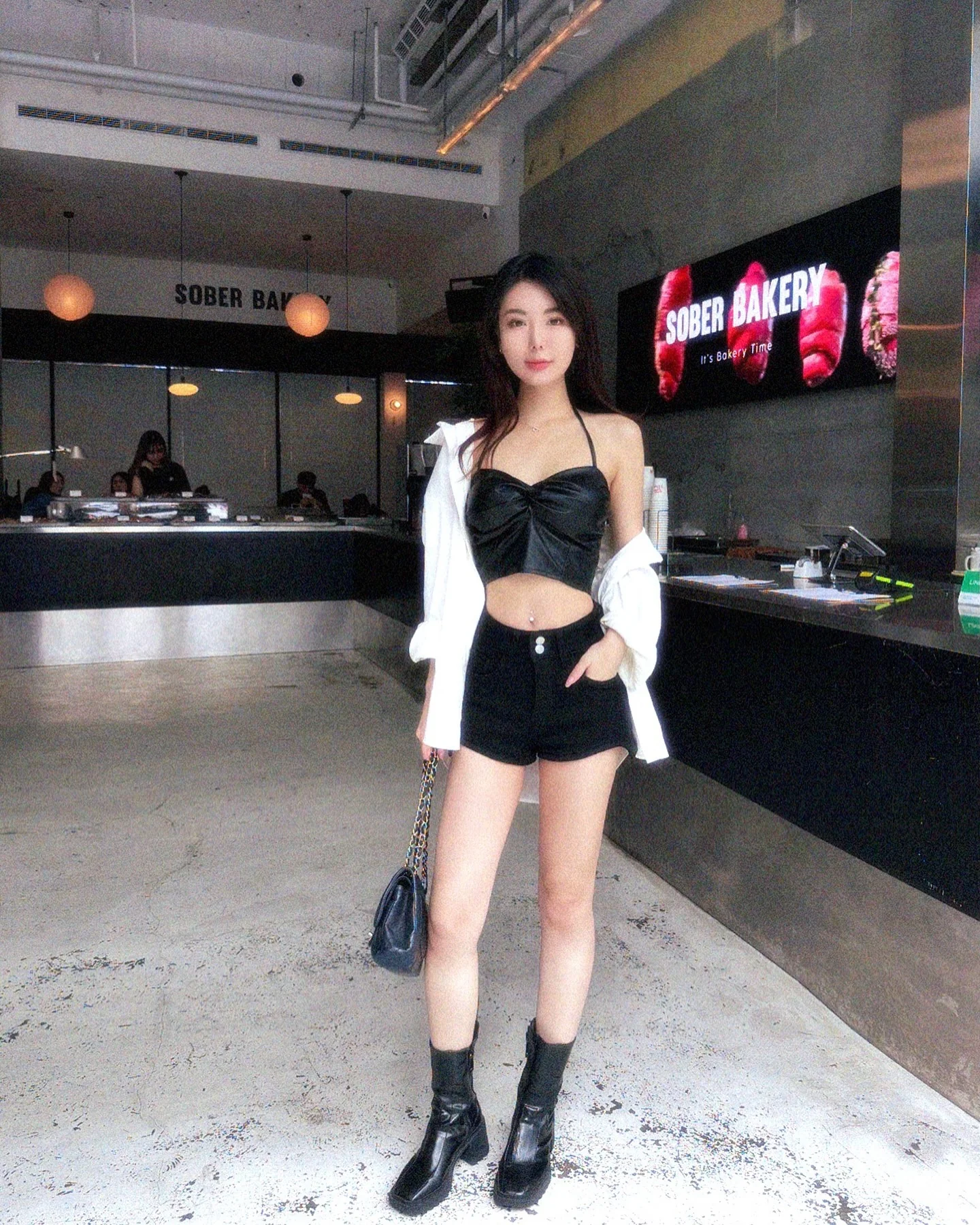 Black crop top, shorts, and boots picture 2 of 2