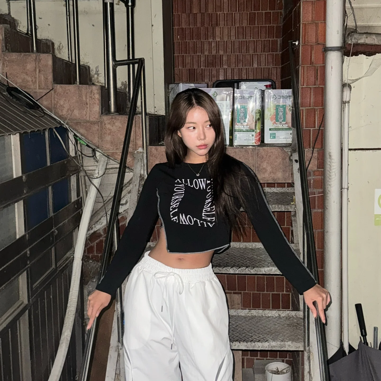 Black crop top and white sweatpants picture 1 of 2