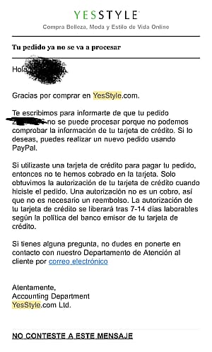 YesStyle me indica “Pedido no verificado”'