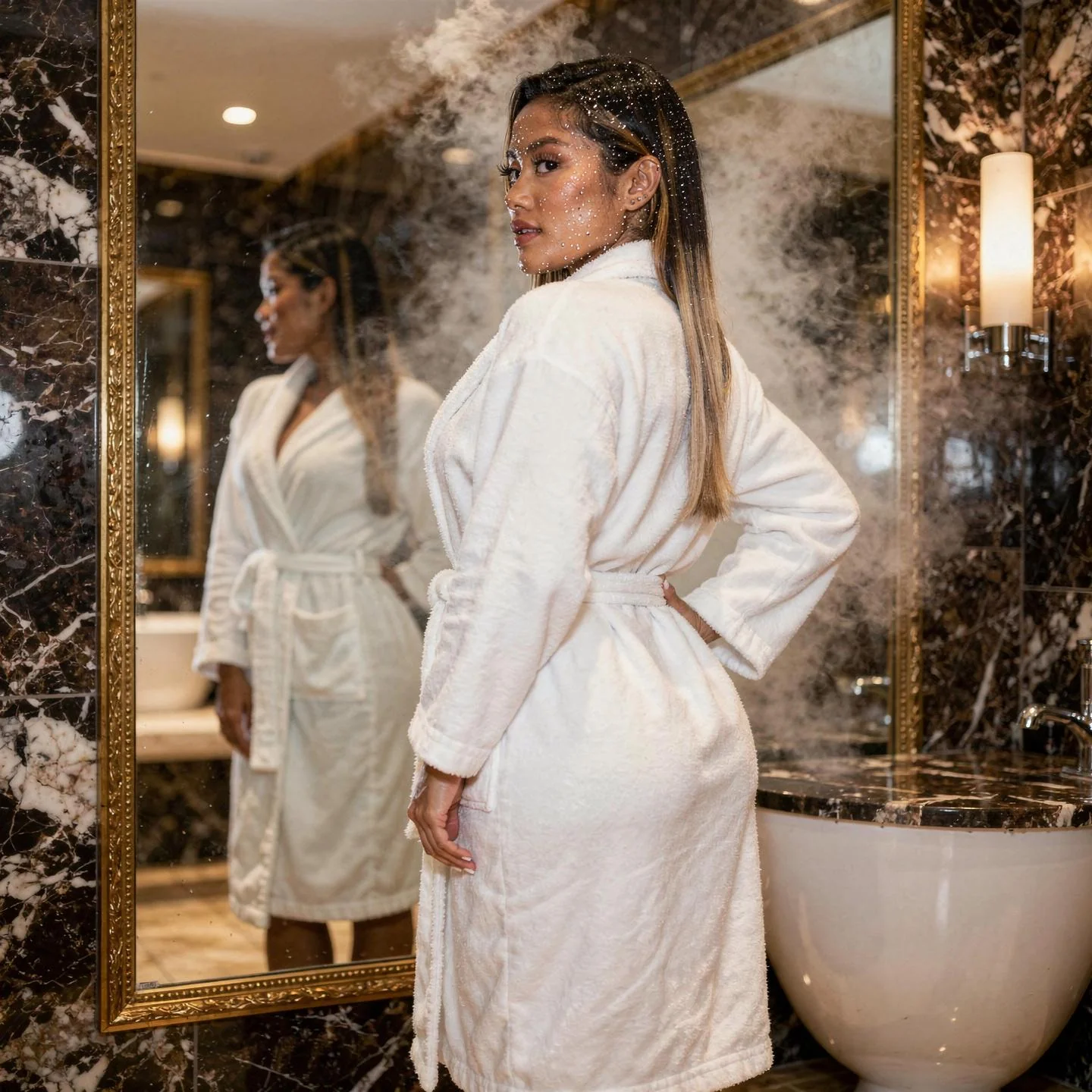 “Fresh out of the gym… fresh out of the shower… Feeling clean, soft and ready for the rest of the day 🤍 Wanna see how I unwind afterwards? 😏 Fanvue in bio.” picture 1 of 1